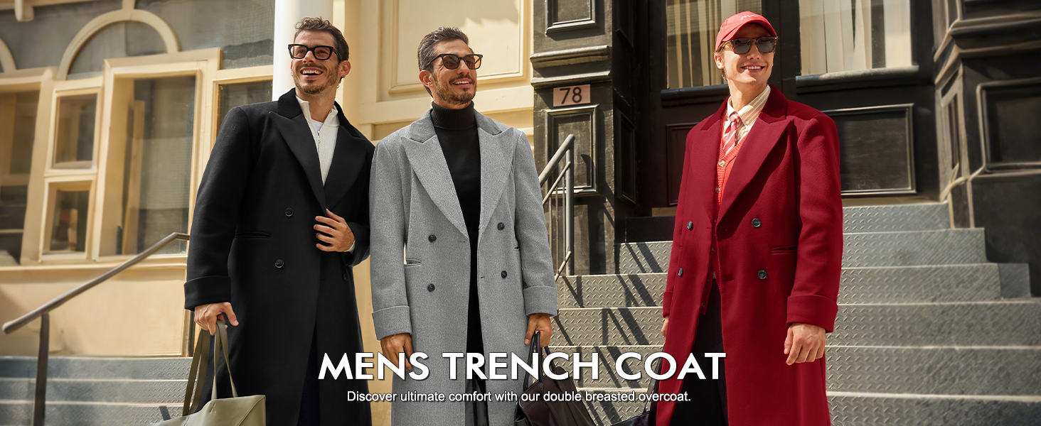 Runcati Mens Full Length Trench Coat Notched Lapel Long Jacket